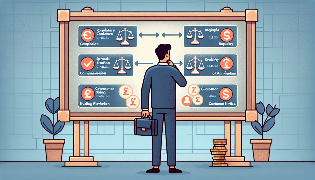 An illustration of a professional standing in front of a large presentation board, analyzing a series of comparative charts and financial icons.