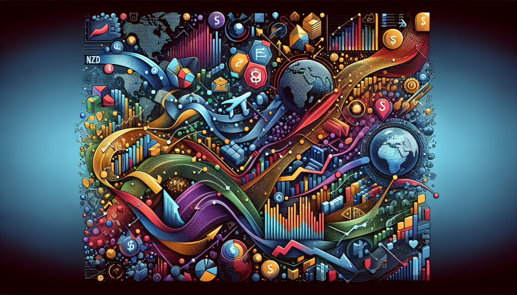 An abstract digital illustration representing fundamental analysis for NZD/CHF, featuring a complex web of economic icons such as globes, currency symbols (NZD, $), bar charts, and growth arrows intertwined with flowing, multi-colored data streams.