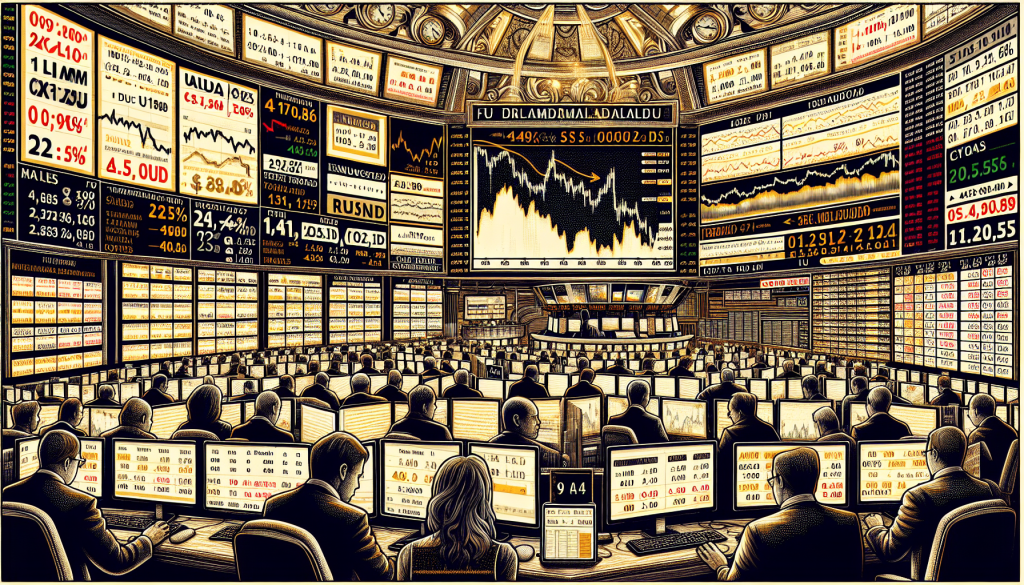 A grand, illustrative depiction of a high-frequency trading floor or stock exchange.