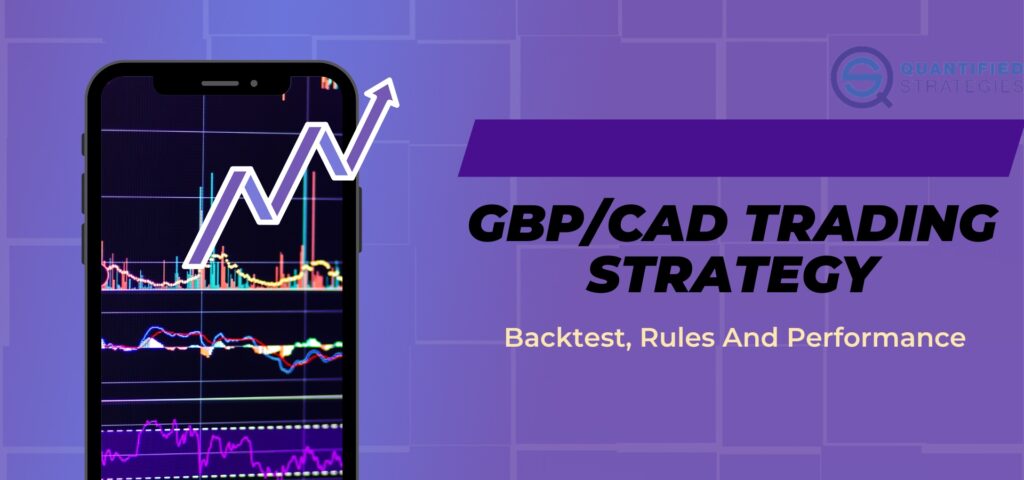 Smartphone displaying a technical analysis chart with a rising white arrow, next to the title "GBP/CAD Trading Strategy: Backtest, Rules And Performance" on a purple background.