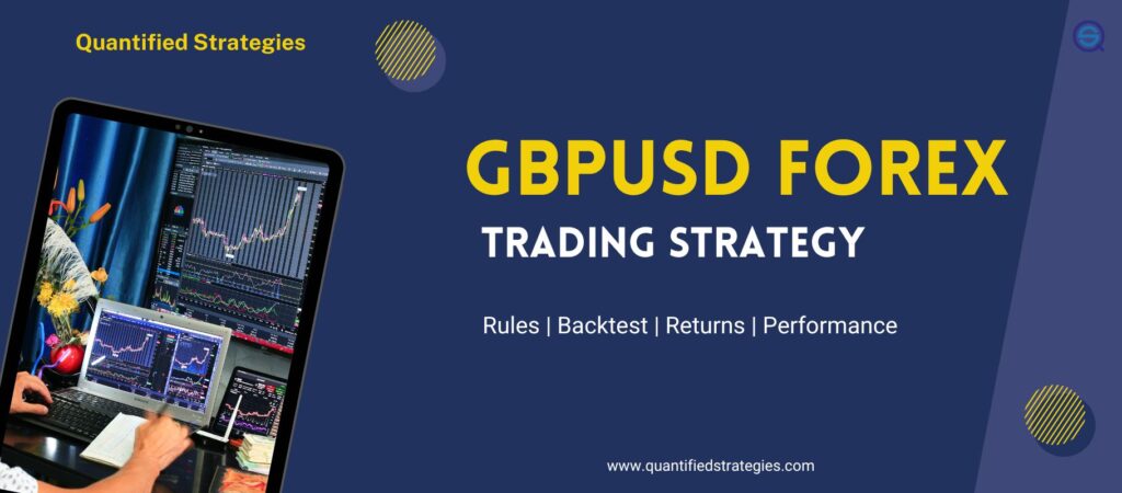 A professional banner featuring the headline "GBPUSD FOREX TRADING STRATEGY" with subheaders for Rules, Backtest, Returns, and Performance.