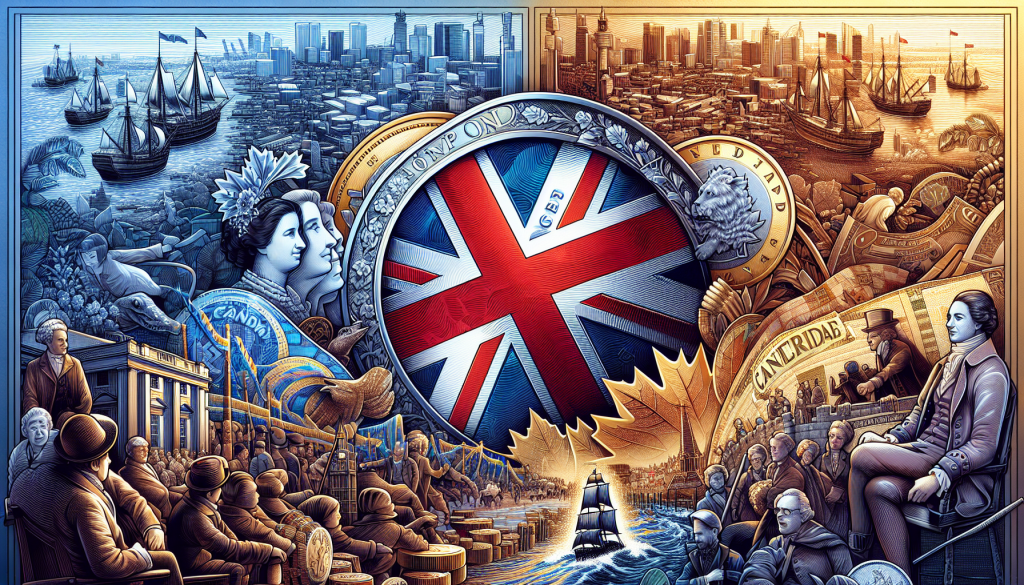 An intricate, collage-style illustration depicting the historical context of the British Pound and Canadian Dollar (GBP/CAD), featuring a central Union Jack emblem, historical figures in period clothing, classic merchant ships, and architectural silhouettes of London and Canadian landmarks.