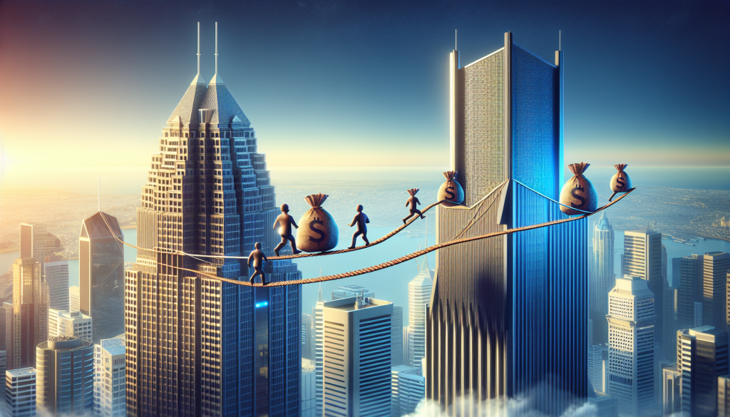 NZD/USD carry trade opportunity visualization showing traders moving capital between skyscrapers, representing the high-yield New Zealand Dollar vs low-yield US Dollar interest rate differential and systematic risk management.