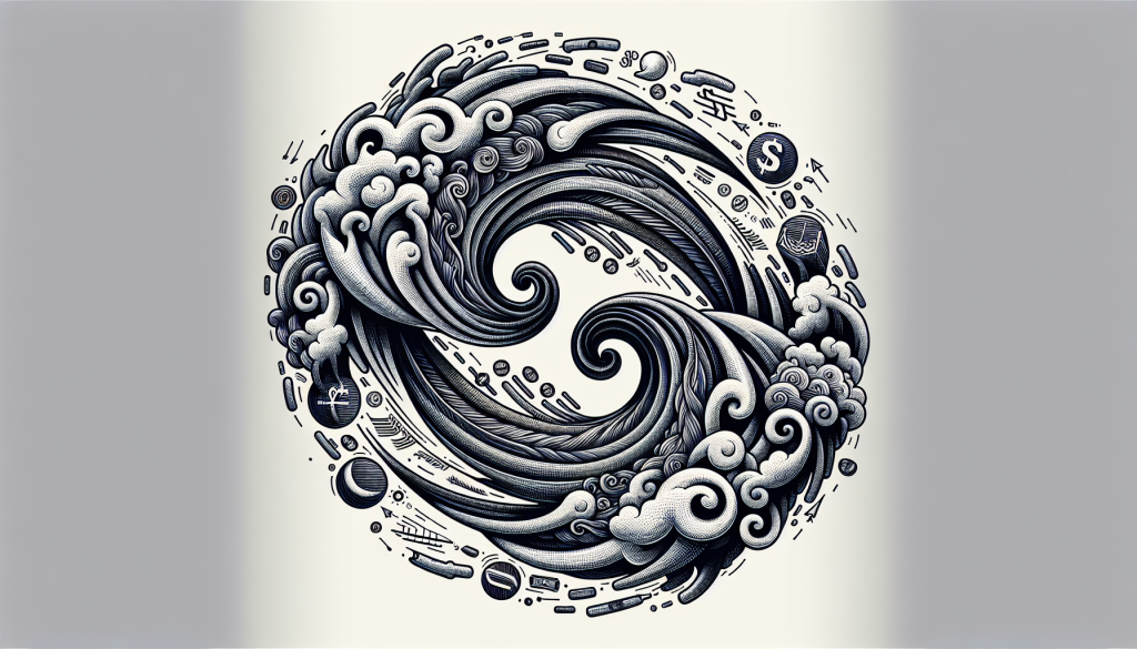 Black and white circular line art illustration of swirling ocean waves and wind patterns, incorporating small currency and financial icons like a dollar sign and coins, representing the fluid dynamics of New Zealand's economy on the Kiwi Dollar.