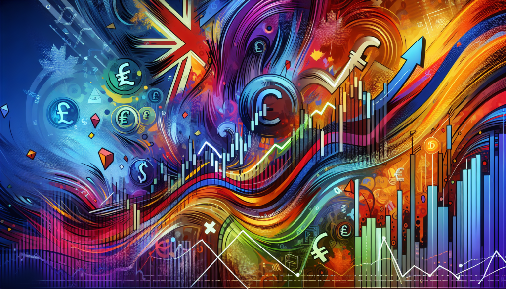 Abstract visual representation of GBP/CAD forex trading importance, featuring the British Union Jack, Canadian maple leaf symbols, glowing currency signs, and rising financial growth charts in a dynamic, colorful art style.