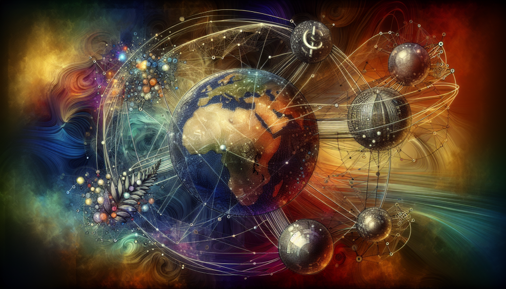 Infographic titled Intermarket Correlations and NZD/USD, featuring an artistic globe surrounded by interconnected financial spheres and currency symbols, illustrating the complex relationships between global markets and the Kiwi Dollar.