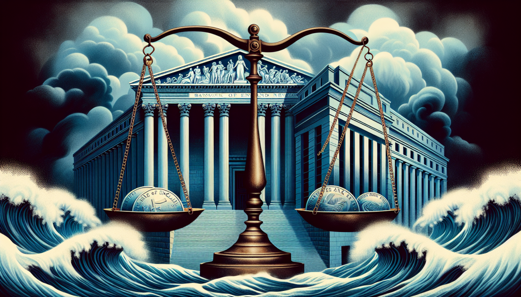 A dramatic, stylized illustration featuring a large set of brass scales in the foreground balanced over turbulent ocean waves.
