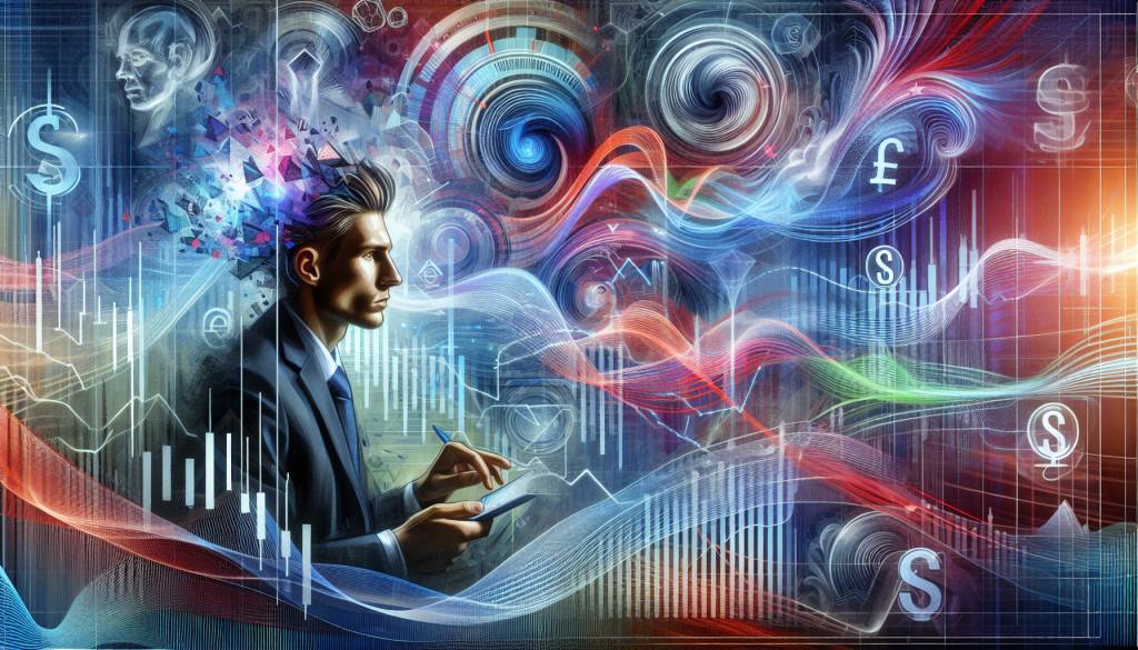 Conceptual digital art of a male trader in a suit, focused on a tablet, with his mind exploding into geometric shapes, overlaid with dynamic financial charts, glowing currency symbols like the British Pound (£), and flowing waves of data.