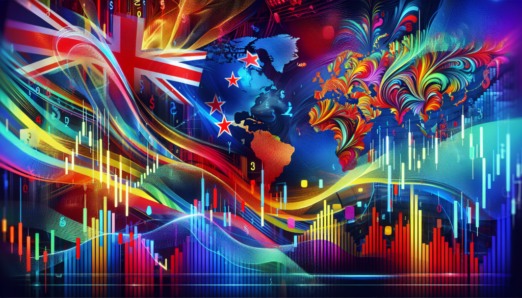 Vibrant digital art featuring the flags of New Zealand and Switzerland integrated into a global map, overlaid with colorful glowing financial candlestick charts and data waves to represent the NZD/CHF currency pair.