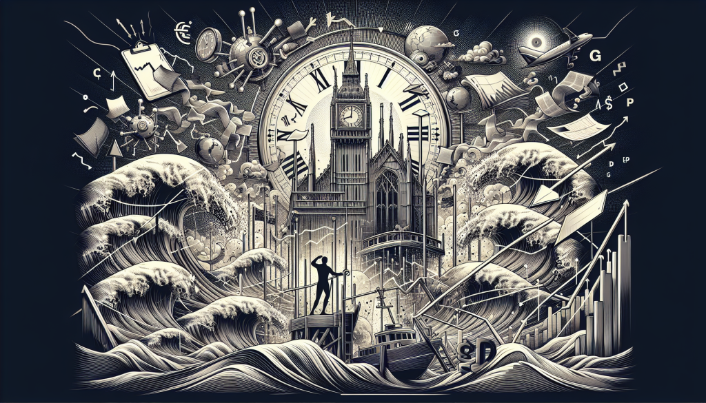 A detailed black and white etching-style illustration featuring Big Ben and the Houses of Parliament set against a massive clock face.