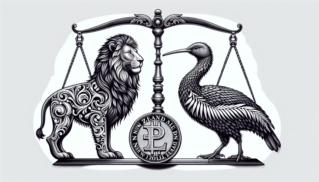 A detailed black-and-white illustration of a British Lion and a New Zealand Kiwi bird facing each other on a balanced scale.