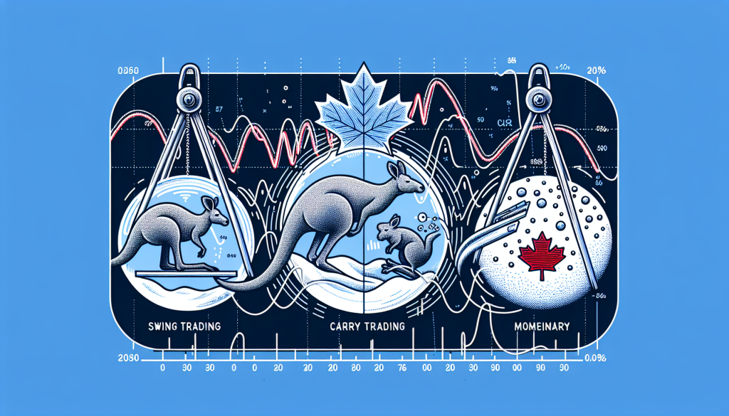 A stylized blue and white infographic representing trading strategies for the Australian and Canadian Dollar pair.