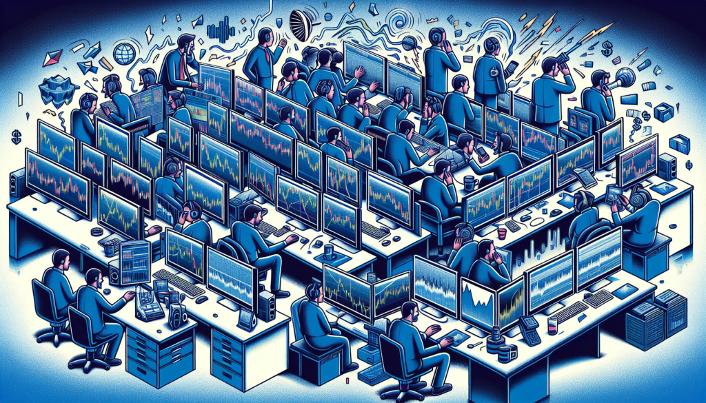 A detailed, stylized illustration of a high-energy trading floor.