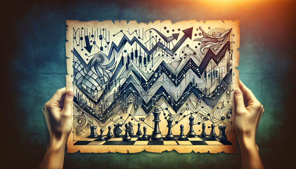 An artistic, hand-drawn style infographic held by two hands, depicting a "USDJPY Forex Trading Strategy" as a strategic game of chess. The top half features complex zig-zagging candlestick charts and trend lines, while the bottom half shows chess pieces—kings, queens, and pawns—arranged on a board, symbolizing tactical market execution.