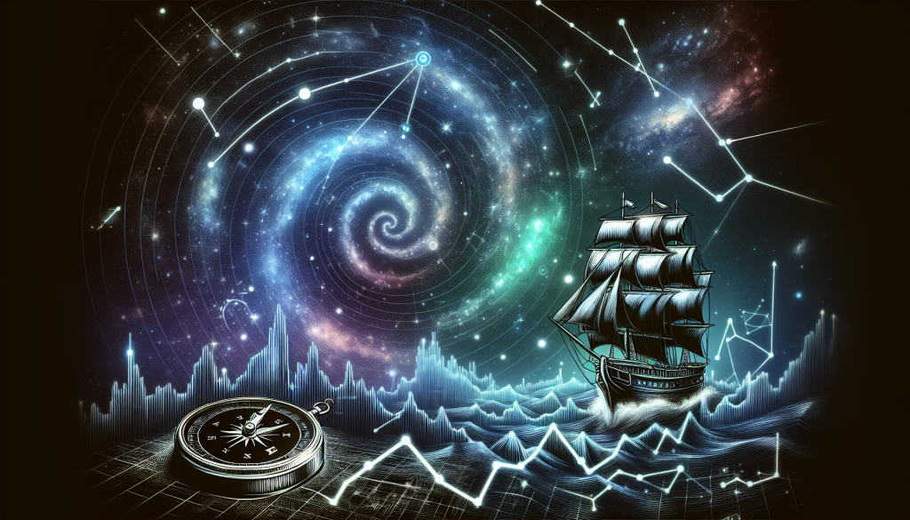 Conceptual illustration for an EURUSD trading strategy featuring a sailing ship navigating market data waves, a compass for direction, and a celestial spiral galaxy with constellations representing algorithmic financial patterns.