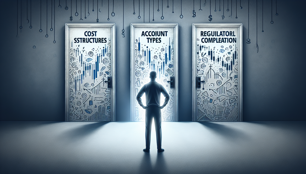 A conceptual illustration showing a trader facing three doors labeled "Cost Structures," "Account Types," and "Regulatory Compliance."