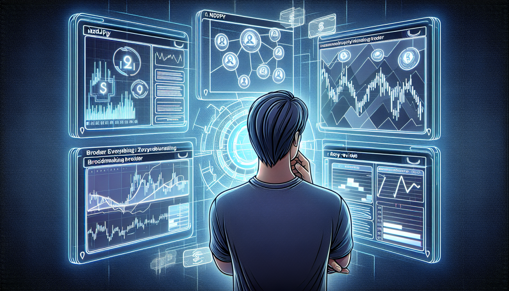 A stylized digital illustration showing a person from behind looking at four glowing blue holographic screens.