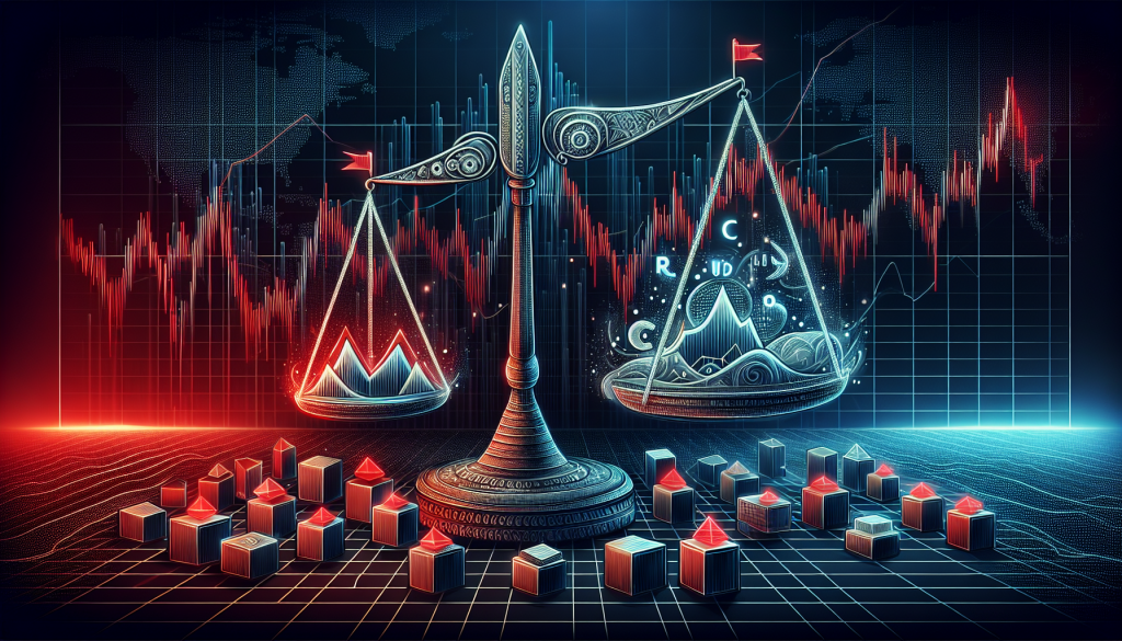 A conceptual digital illustration featuring an ornate balance scale positioned against a backdrop of glowing financial candlestick charts.