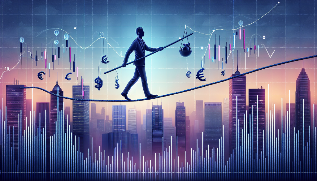 A conceptual digital illustration of a trader in a suit walking a tightrope across a city skyline, holding a balancing pole with a money bag, while surrounded by floating currency symbols, candlestick charts, and trend lines.