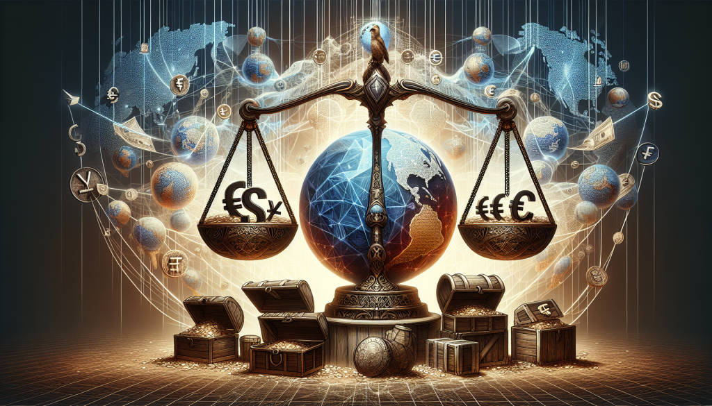 An ornate set of scales sits before a digital globe, balancing symbols of the Euro and other global currencies.