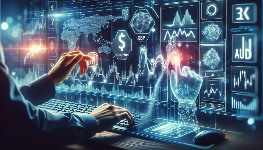 A high-tech digital trading interface showing a trader interacting with holographic charts and financial data.