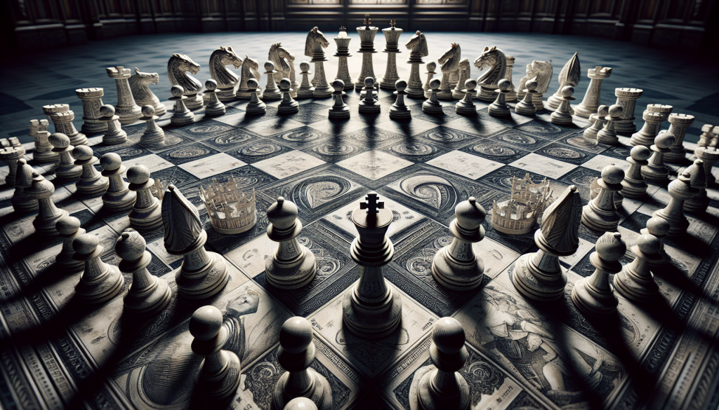 A dramatic, wide-angle shot of a circular chessboard with intricate ivory-style pieces.