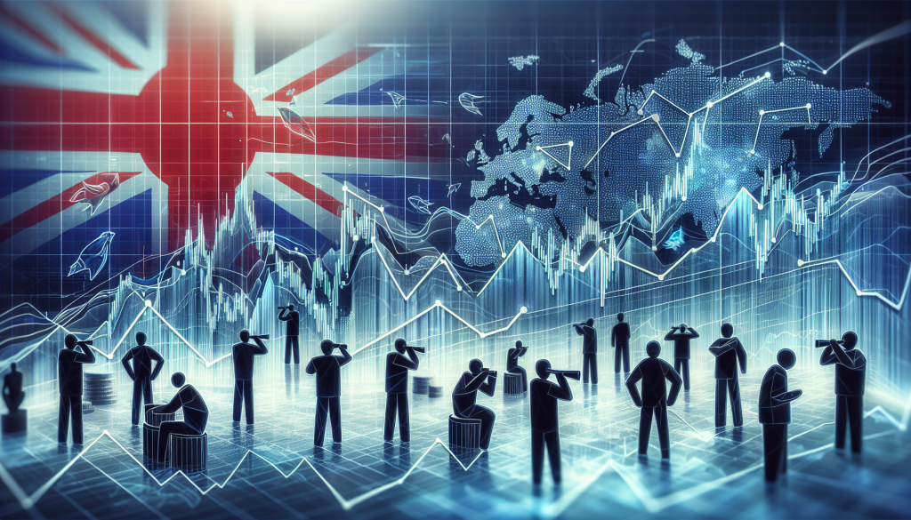 A futuristic digital art piece showing silhouette analysts observing a glowing landscape of financial charts and a world map.