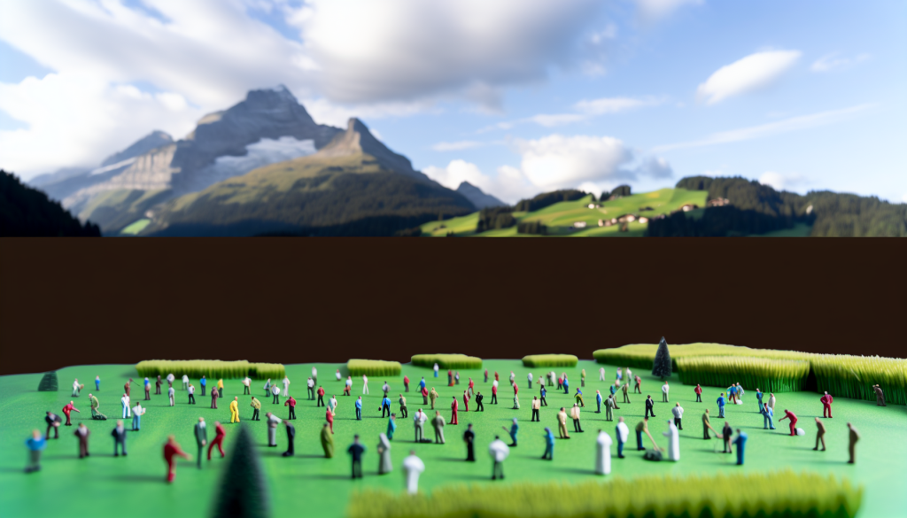 A creative tilt-shift photograph featuring miniature figures on a bright green landscape in the foreground, and the majestic Swiss Alps with green rolling hills and small villages in the background.