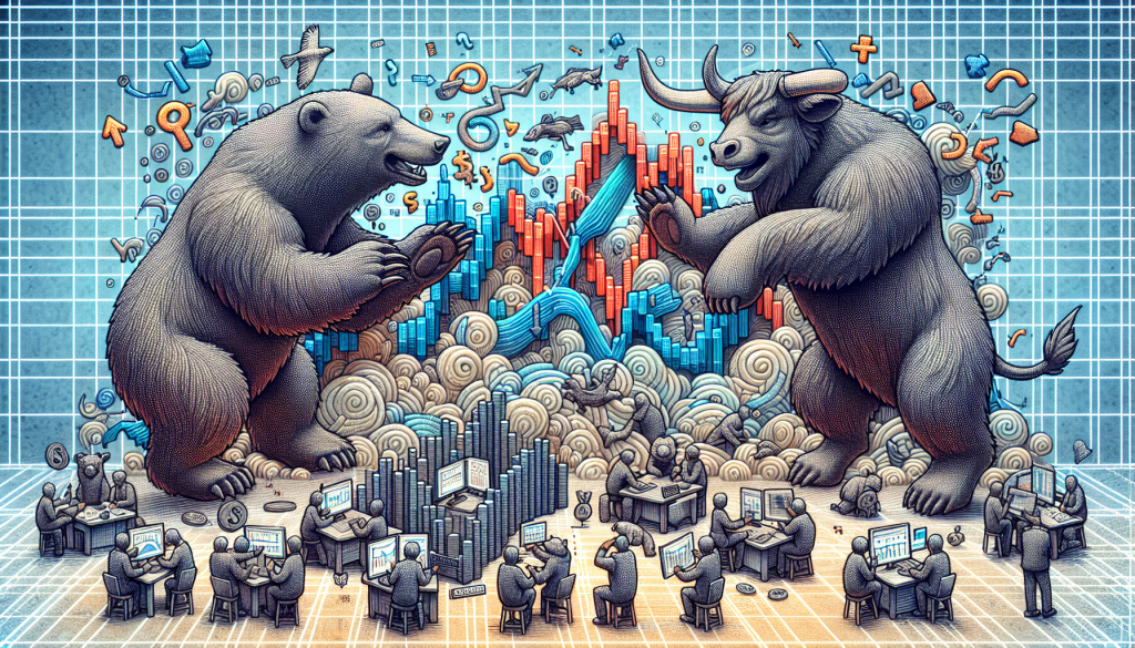 A stylized, high-detail illustration featuring a large bull and bear facing off over a landscape of financial candlestick charts and bar graphs.