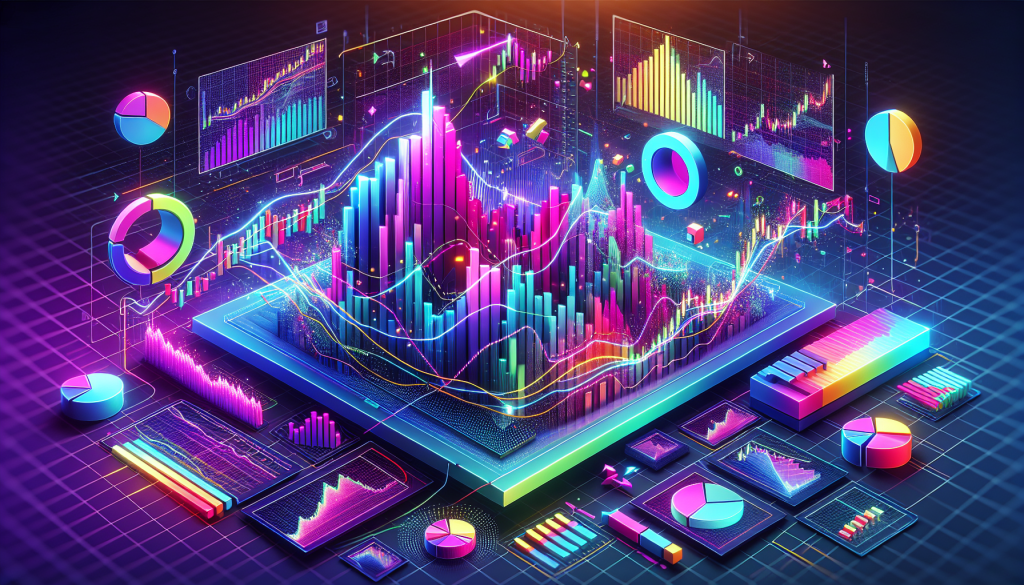 A high-tech isometric digital visualization of 3D financial data charts, including glowing bar graphs, pie charts, and trend lines in neon purple, blue, and pink set against a dark grid background.