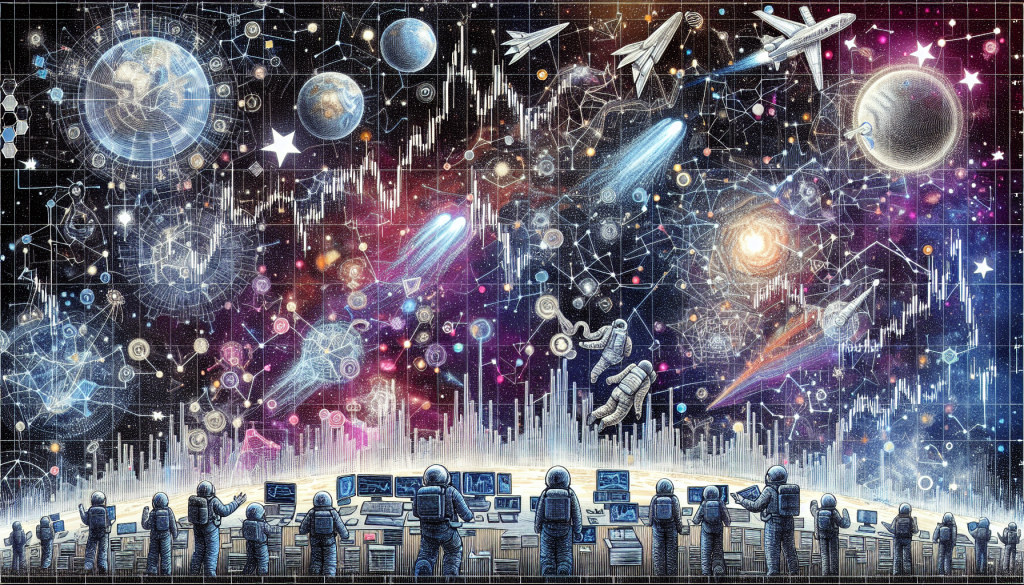 A sprawling, detailed illustration depicting a mission control center on a planetary surface where astronauts monitor complex financial charts that transition into a cosmic landscape.