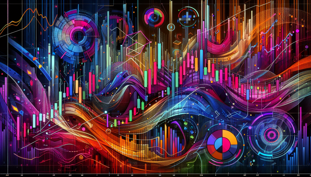 An abstract digital illustration representing technical analysis for NZD/CHF, featuring vibrant multi-colored candlestick charts, flowing data waves, circular HUD-style technical indicators, and glowing trend lines against a dark background.