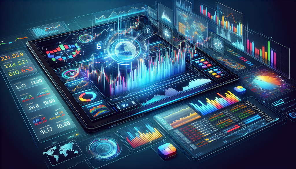 A high-tech, futuristic digital dashboard displaying a 3D holographic projection of a currency trading environment.