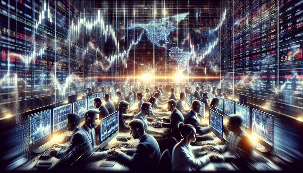A cinematic digital illustration of a bustling institutional trading floor where numerous analysts in headsets work at glowing computer monitors beneath a massive, wrap-around wall of shimmering candlestick charts and a world map.