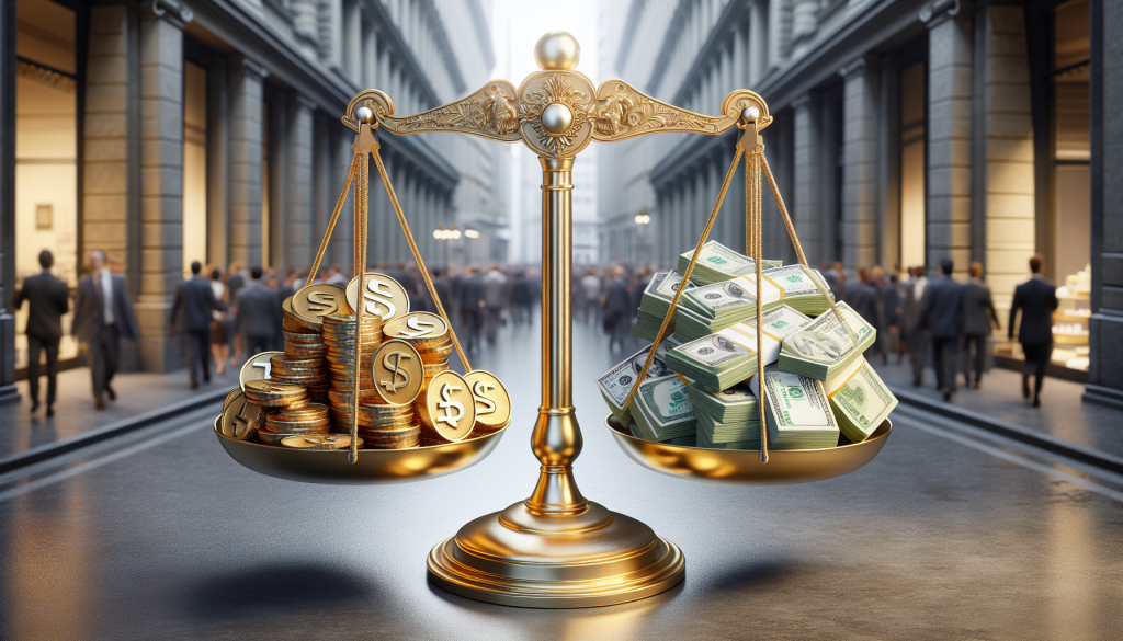 A digital illustration of golden justice scales positioned in the center of a busy metropolitan street with pedestrians in the background.