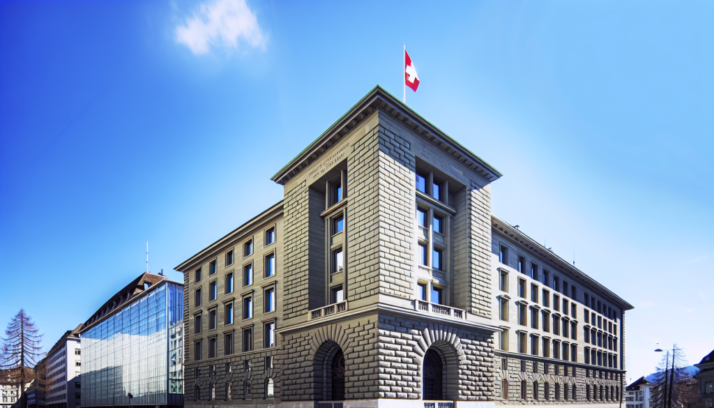 A grand, multi-story stone building in Switzerland with a Swiss flag flying from its roof against a clear blue sky.