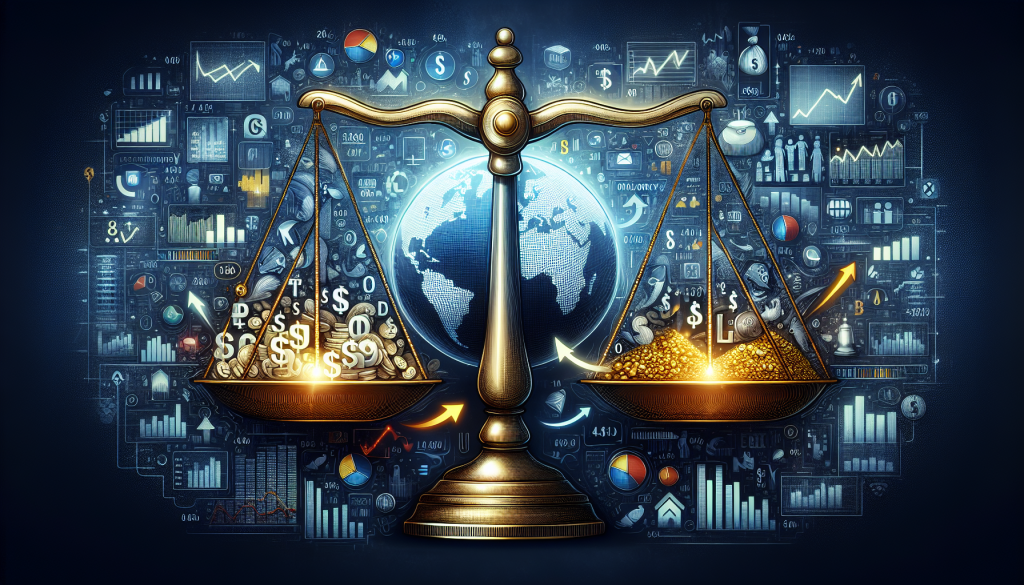 A central, ornate gold scale of justice stands before a glowing globe, with one side filled with silver currency symbols and the other with gold.