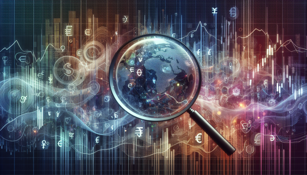 Magnifying glass focusing on a digital globe with currency symbols like Euro and Dollar, abstract financial data background with charts and waves, conceptual visualization for EURUSD trading strategy analysis and market research.