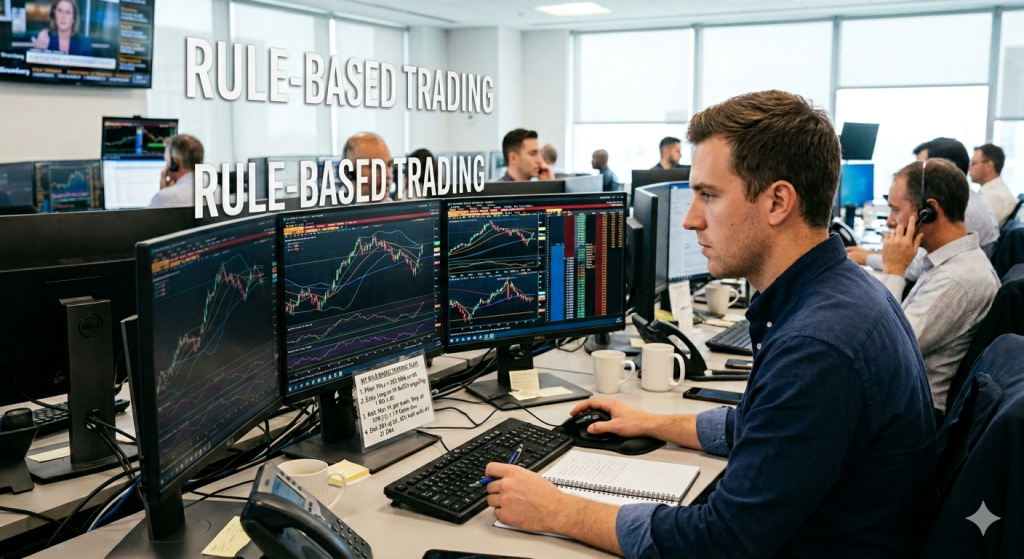 An office setting where several traders are working at desks with multiple computer monitors displaying financial charts and data. In the foreground, a man in a blue shirt focuses on three screens while holding a pen over a notebook. The text "RULE-BASED TRADING" is overlaid twice in the upper left corner.