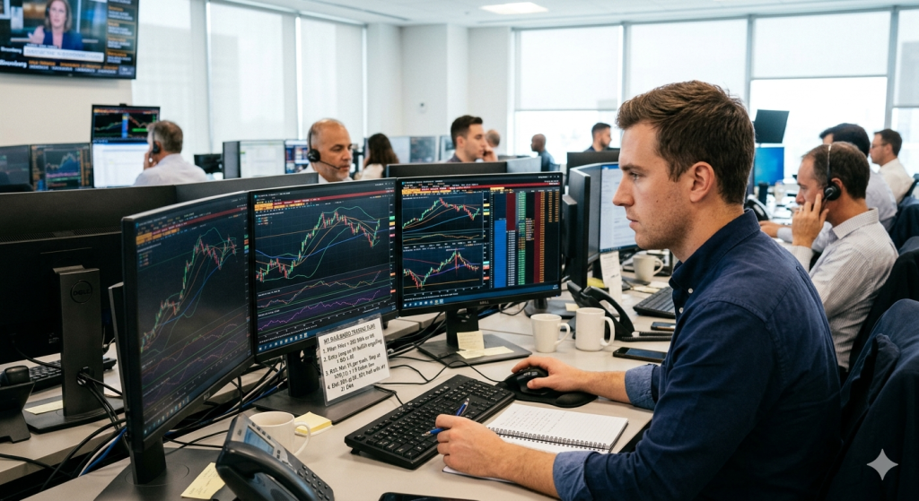 A male trader in a modern office looking intently at triple monitors displaying complex financial candlestick charts and technical indicators. He holds a pen over a notebook, surrounded by colleagues in a high-tech trading floor environment.