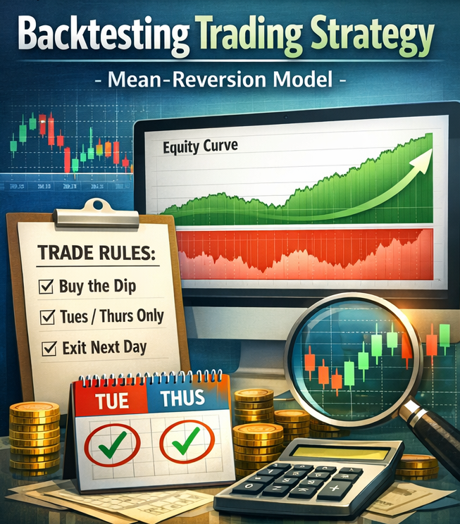 Illustration of a backtesting trading strategy dashboard showing a mean-reversion model with an upward equity curve, trade rules checklist (buy the dip, trade Tuesday/Thursday, exit next day), candlestick charts, calendar marked Tuesday and Thursday, calculator, magnifying glass, and stacks of coins.