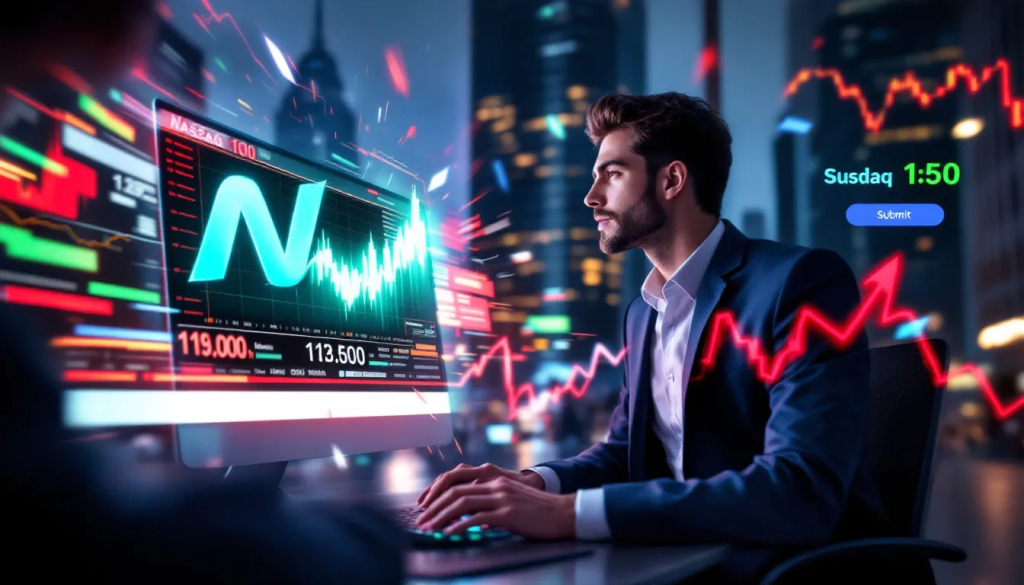 Brokerage Account for Nasdaq 100 Trading, features a trader analyzing live charts.