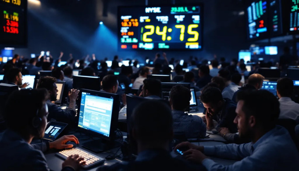 Choosing Between Investing and Trading, shows professionals working in a busy office.