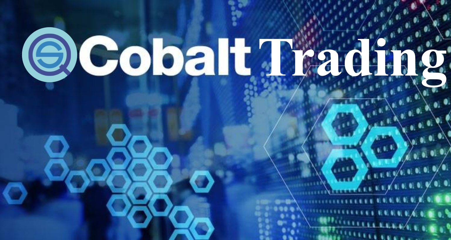 Cobalt Trading, shows a digital display with geometric patterns and financial symbols.