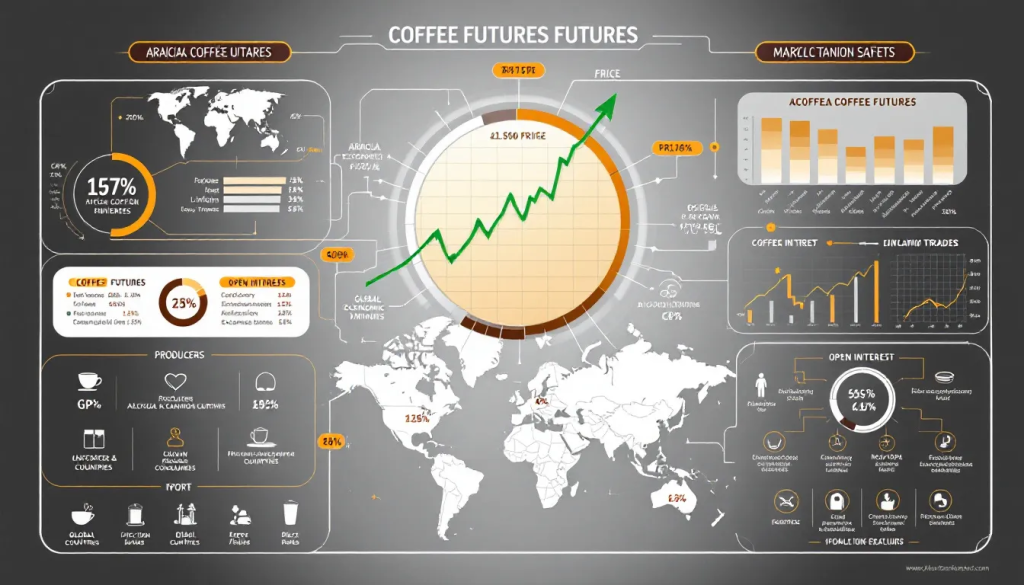 This analytical infographic visualizes Coffee Futures Trading data and global market performance metrics.