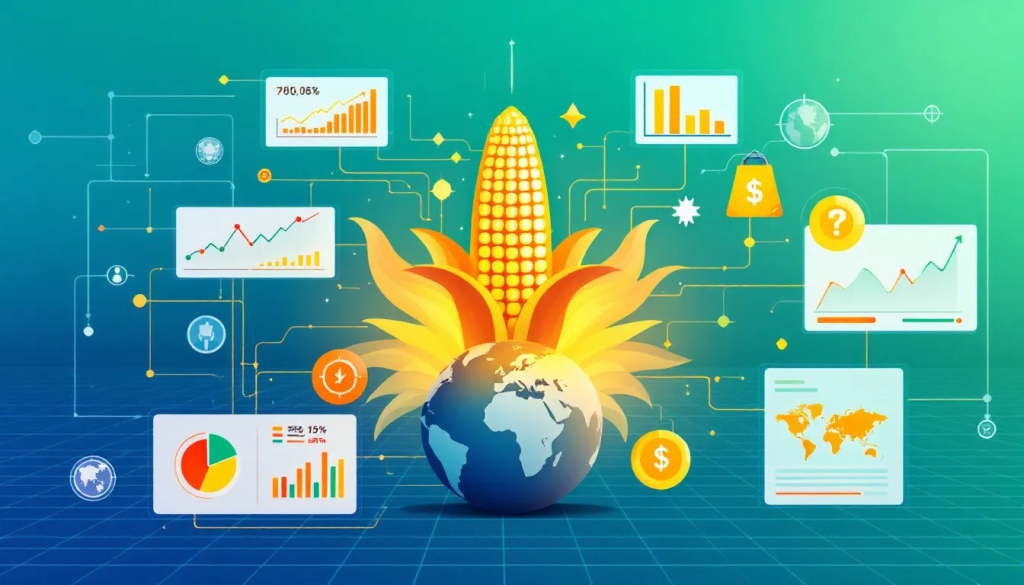 Corn Futures, features a vibrant infographic displaying global agricultural market data analytics.