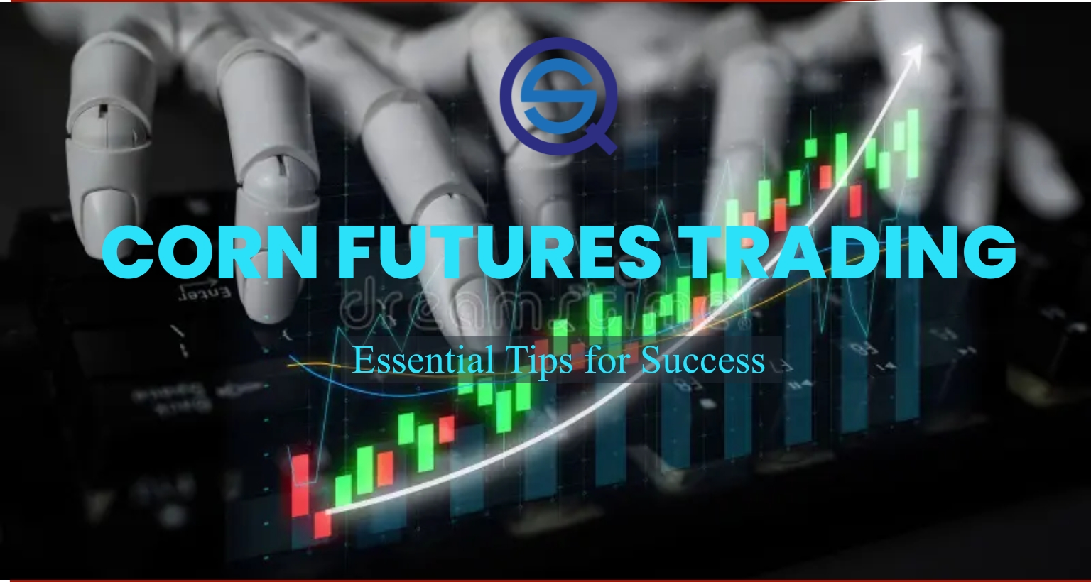 Corn Futures Trading, shows a robotic hand analyzing digital stock market charts.