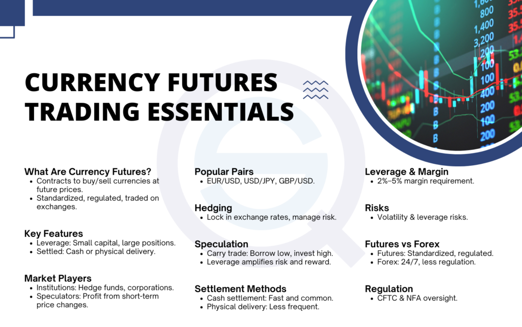 This infographic titled Currency Futures Trading Essentials explains key concepts for global market traders.