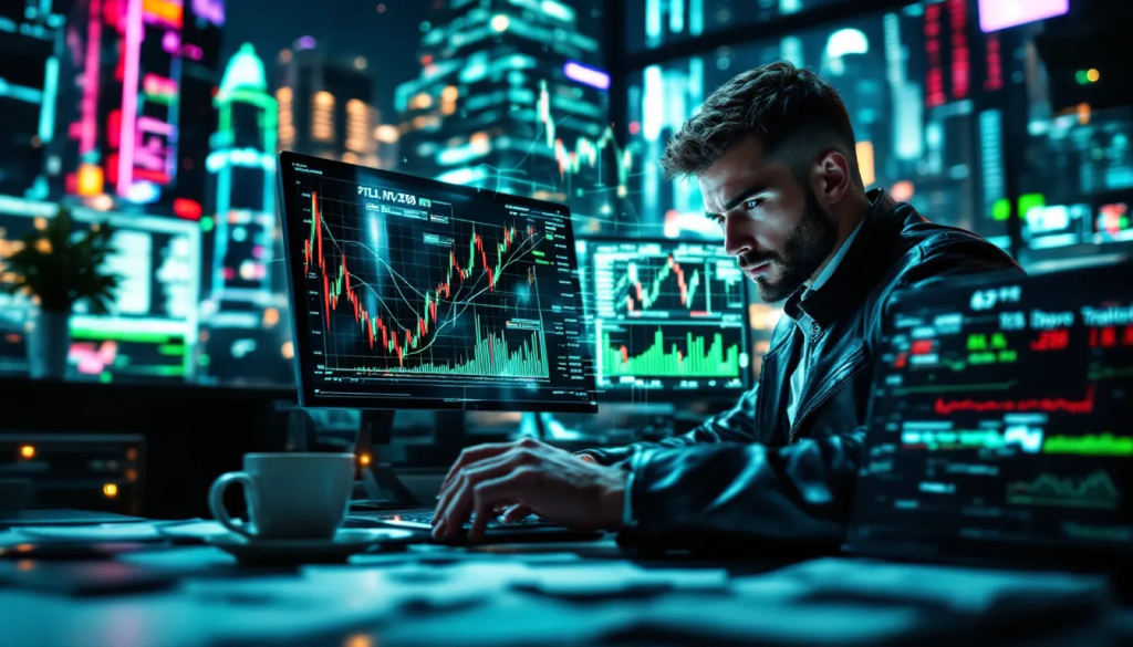 Developing a Trading Strategy, features a focused trader analyzing financial market charts.