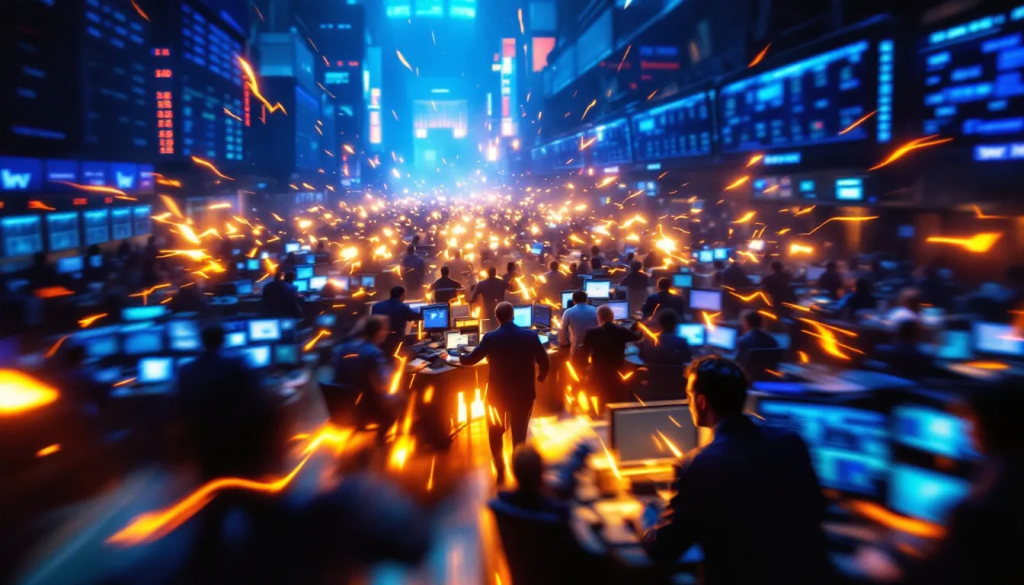 Dow Jones Industrial Average, shows a busy financial trading room in action.